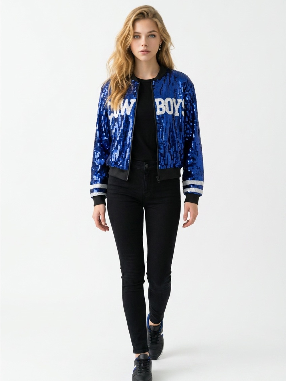 Blue Sequin 'COWBOYS' Bomber Jacket